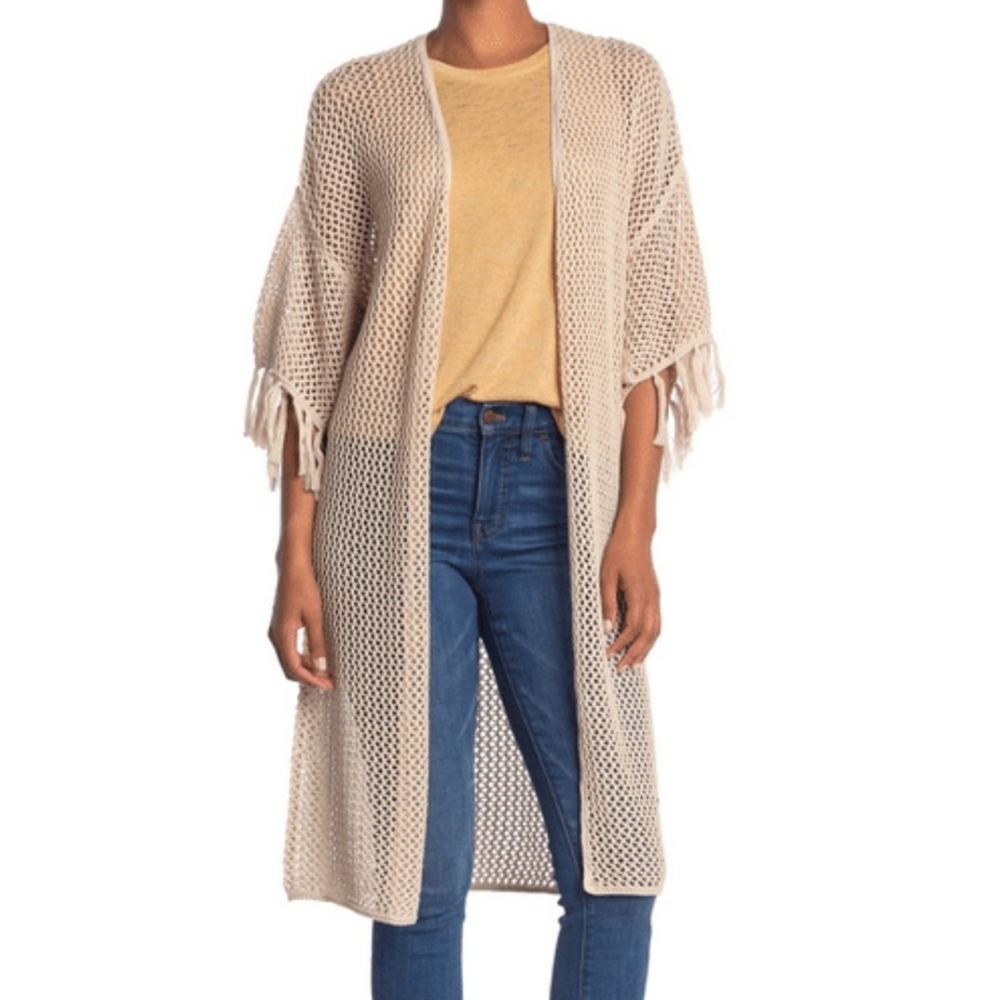 Wildfox NWT Womens Beige Cotton Open Knit Fringe Duster Cardigan Sweater‎ Small